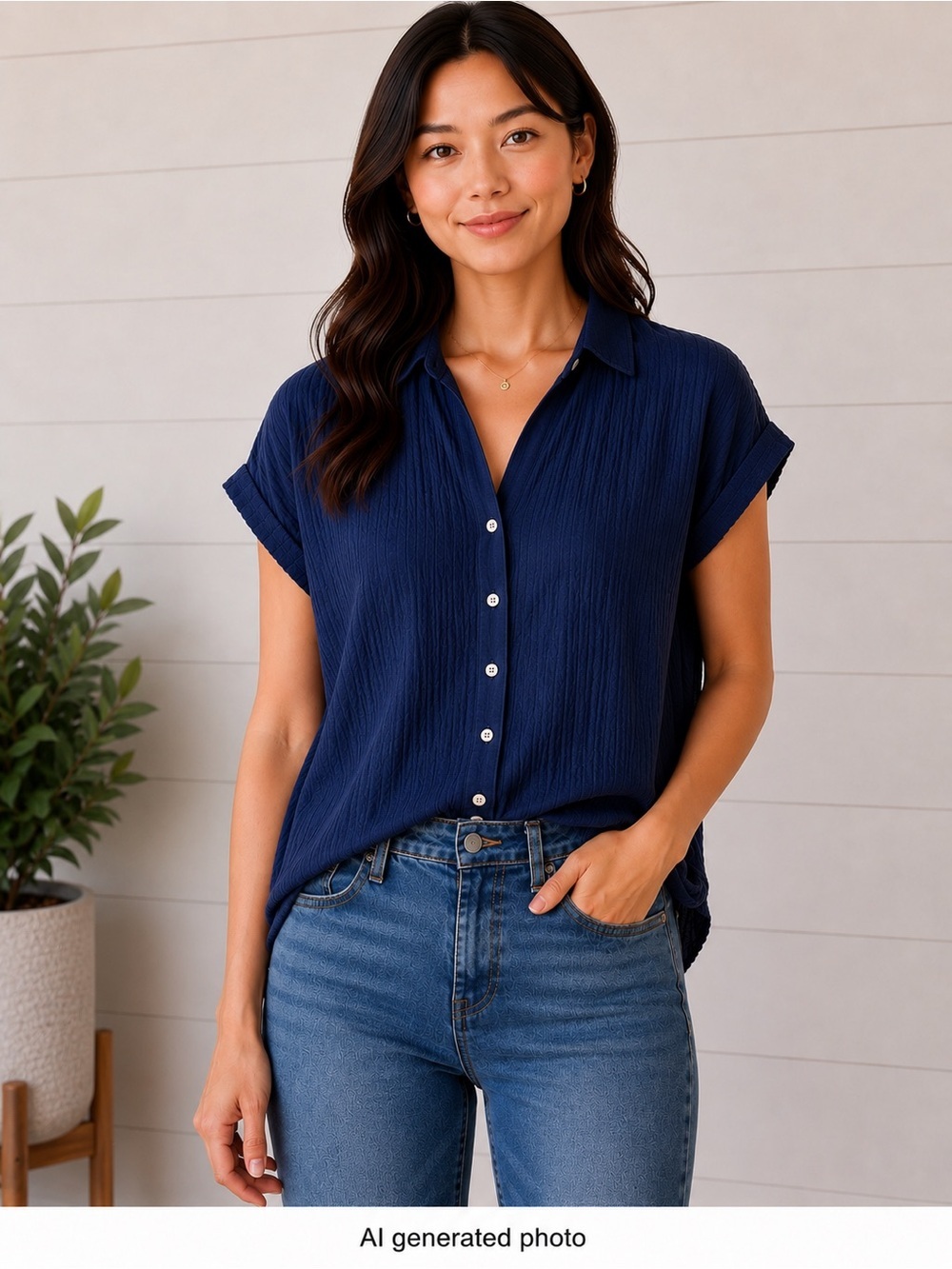 LOFT Petites Gauze Button-Down Blouse | Size SP | Navy